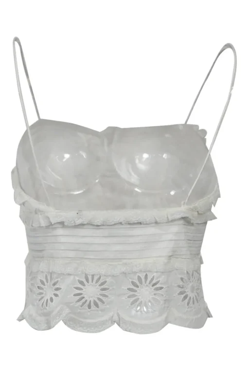 White cotton-silk blend floral eyelet-trimmed button-front ruffled camisole with fixed tubular straps