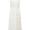 White crochet lace mandarin collar sleeveless midi dress