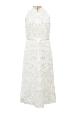 White crochet lace mandarin collar sleeveless midi dress