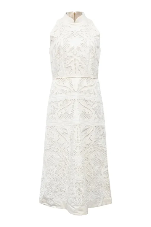 White crochet lace mandarin collar sleeveless midi dress