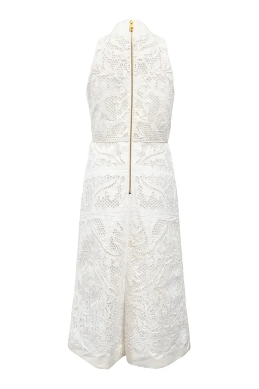 White crochet lace mandarin collar sleeveless midi dress