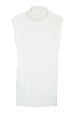 White crystal-embellished cotton jersey rib pullover mock neck zip-back sleeveless top