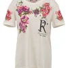 White crystal-embellished cotton jersey floral print T-shirt with embroidered detailing