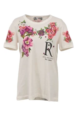 White crystal-embellished cotton jersey floral print T-shirt with embroidered detailing