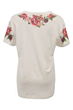 White crystal-embellished cotton jersey floral print T-shirt with embroidered detailing