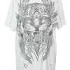 White distressed screen-printed cotton jersey oversized T-shirt dress featuring tiger and logo motif