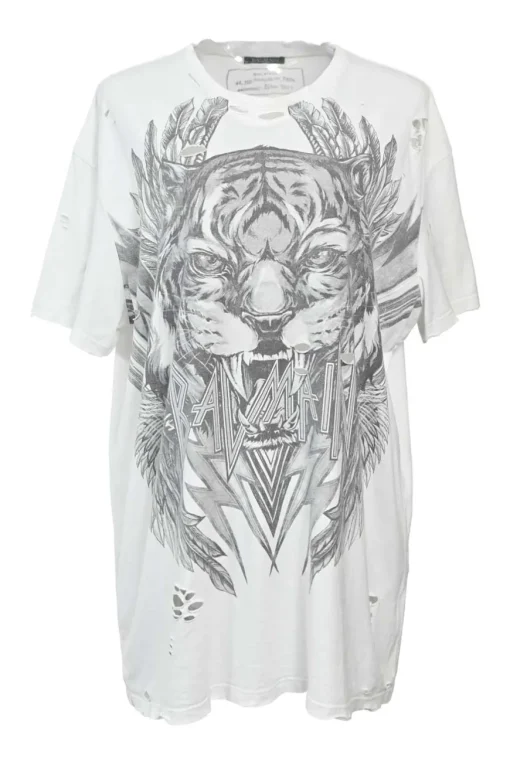White distressed screen-printed cotton jersey oversized T-shirt dress featuring tiger and logo motif