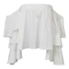 White draped cotton poplin off-shoulder tiered ruffle blouse