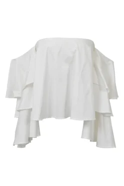 White draped cotton poplin off-shoulder tiered ruffle blouse