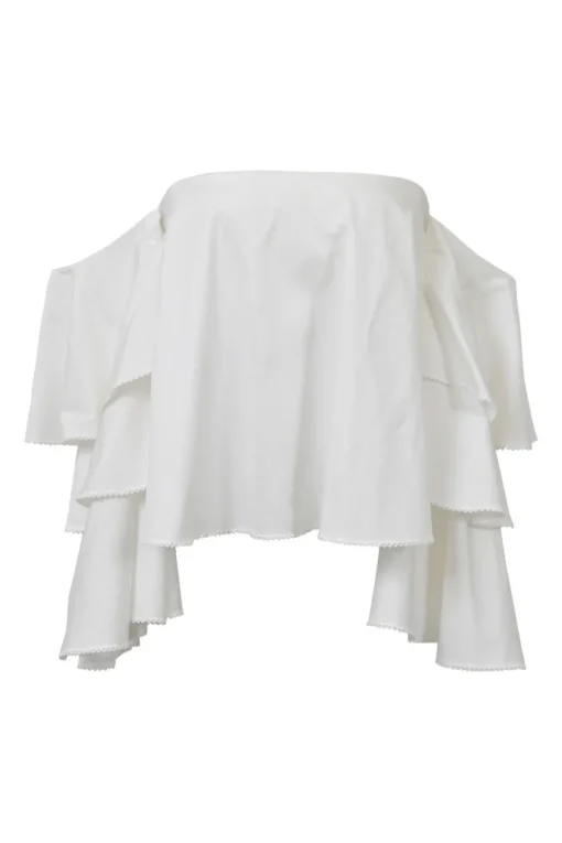White draped cotton poplin off-shoulder tiered ruffle blouse