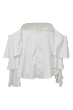 White draped cotton poplin off-shoulder tiered ruffle blouse