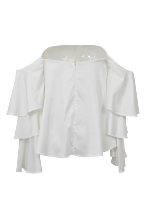 White draped cotton poplin off-shoulder tiered ruffle blouse