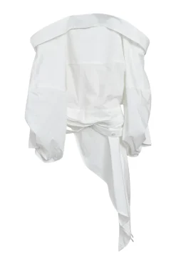 White draped cotton-blend poplin and tulle floating slouchy off-shoulder asymmetric blouse