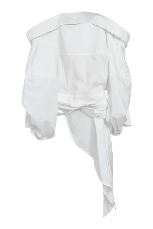 White draped cotton-blend poplin and tulle floating slouchy off-shoulder asymmetric blouse