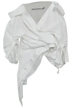 White draped cotton-blend poplin and tulle floating slouchy off-shoulder asymmetric blouse