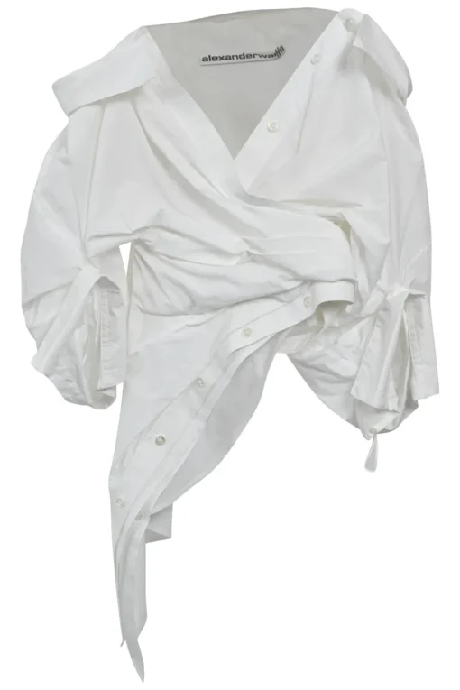 White draped cotton-blend poplin and tulle floating slouchy off-shoulder asymmetric blouse