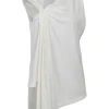 White draped cotton-linen blend asymmetric knot front sleeveless blouse