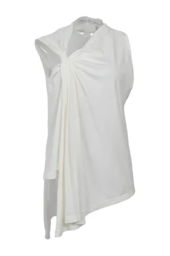 White draped cotton-linen blend asymmetric knot front sleeveless blouse
