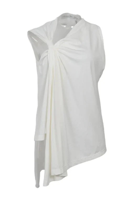 White draped cotton-linen blend asymmetric knot front sleeveless blouse