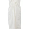 White draped organic cotton-blend twist-front strapless sheath dress