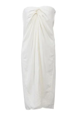White draped organic cotton-blend twist-front strapless sheath dress