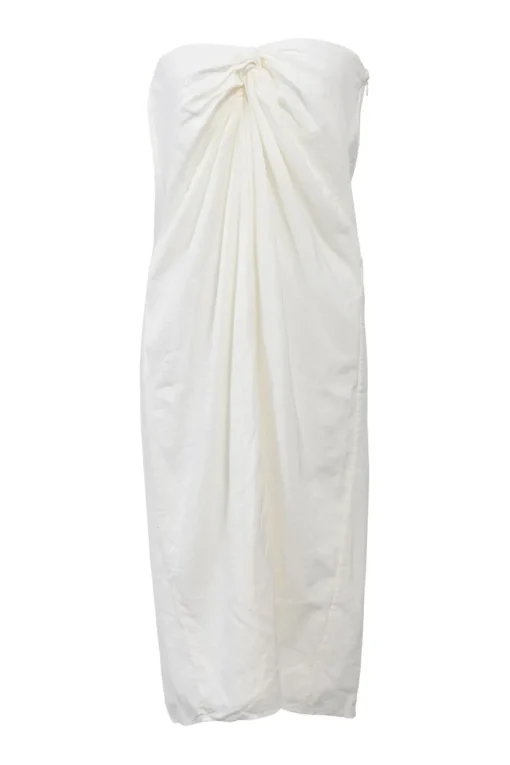 White draped organic cotton-blend twist-front strapless sheath dress