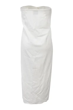White draped organic cotton-blend twist-front strapless sheath dress