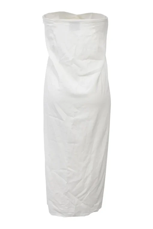 White draped organic cotton-blend twist-front strapless sheath dress