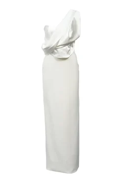 White draped polyester-blend hammered satin and crepe one-shoulder Kara bridal dress