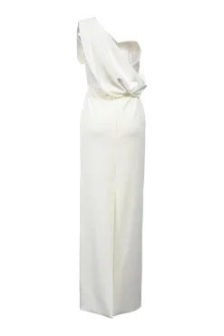 White draped polyester-blend hammered satin and crepe one-shoulder Kara bridal dress