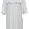 White embellished cotton jersey drop-shoulder logo T-shirt featuring floral broderie motif