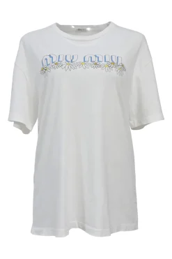 White embellished cotton jersey drop-shoulder logo T-shirt featuring floral broderie motif