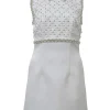 White embellished polyester Delaney sleeveless bridal mini dress featuring bead broderie motif along collar, bodice, and darted waist