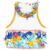 White embellished polyester racerback crop top featuring floral broderie motif