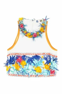 White embellished polyester racerback crop top featuring floral broderie motif