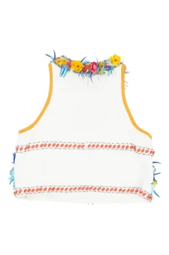 White embellished polyester racerback crop top featuring floral broderie motif