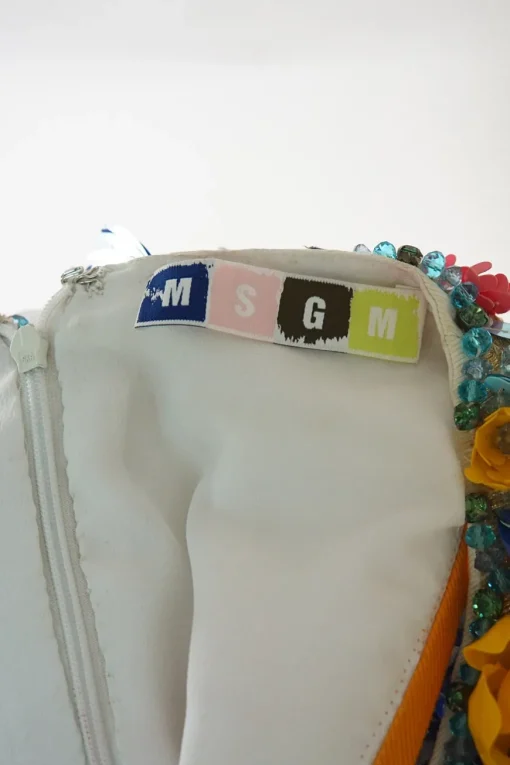 White embellished polyester racerback crop top featuring floral broderie motif