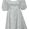 White floral eyelet polyester ruffled baby doll dress with puff sleeves with stacked button-loop back