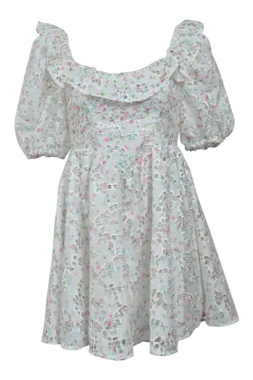 White floral eyelet polyester ruffled baby doll dress with puff sleeves with stacked button-loop back