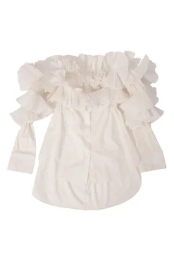 White frill-trimmed polyester cold-shoulder swing-style shirt with exposed button placket and high-low hem