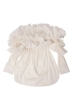 White frill-trimmed polyester cold-shoulder swing-style shirt with exposed button placket and high-low hem