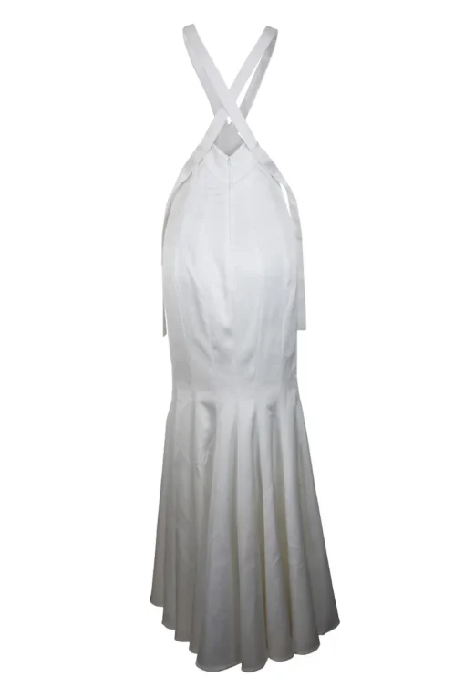 White halter-neck maxi-dress with tie-neck closure and oversized snap embellishments
