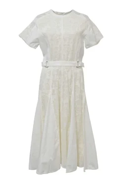 White lace-paneled viscose-blend cap sleeve belted A-line peek-a-boo midi dress with godet skirt inserts