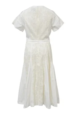 White lace-paneled viscose-blend cap sleeve belted A-line peek-a-boo midi dress with godet skirt inserts