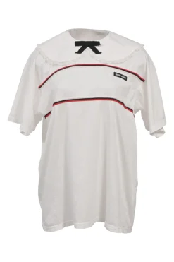 White lace-trimmed cotton jersey knit Peter Pan collar pullover T-shirt featuring grosgrain bow appliqué at centre front