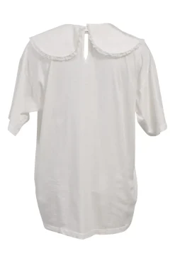 White lace-trimmed cotton jersey knit Peter Pan collar pullover T-shirt featuring grosgrain bow appliqué at centre front