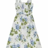 White lace-trimmed linen Riviera floral print Tagliatelle sun dress with hook and eye-fastened fitted bodice