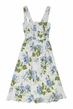 White lace-trimmed linen Riviera floral print Tagliatelle sun dress with hook and eye-fastened fitted bodice