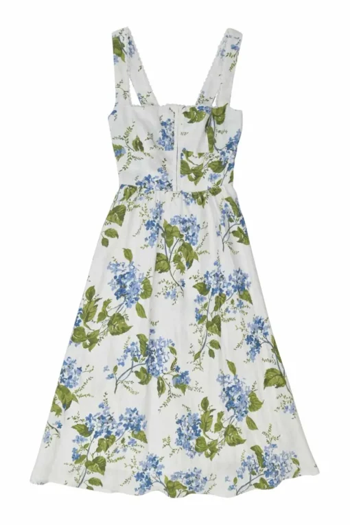 White lace-trimmed linen Riviera floral print Tagliatelle sun dress with hook and eye-fastened fitted bodice