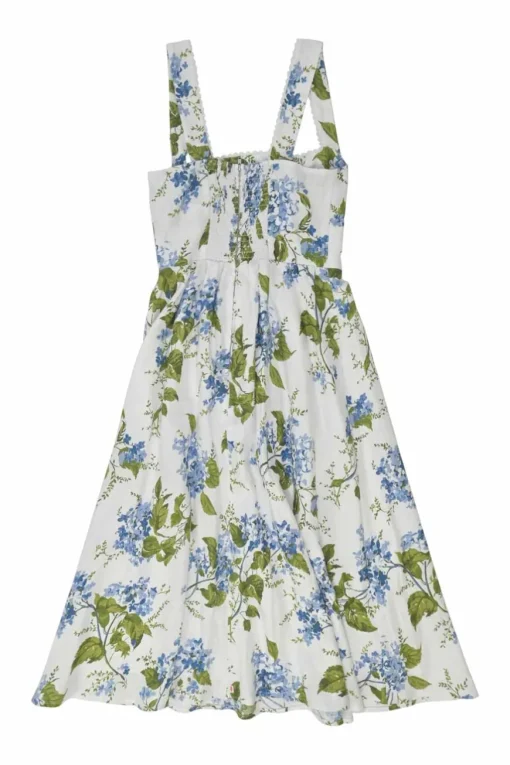 White lace-trimmed linen Riviera floral print Tagliatelle sun dress with hook and eye-fastened fitted bodice